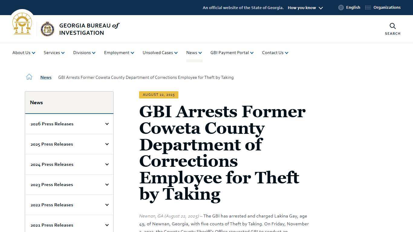 GBI Arrests Former Coweta County Department of Corrections Employee for Theft by Taking Georgia Bureau of Investigation
