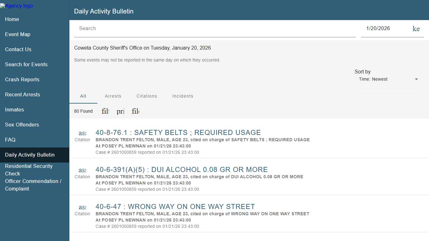 Coweta County Sheriff's Office Police to Citizen - Daily Bulletin